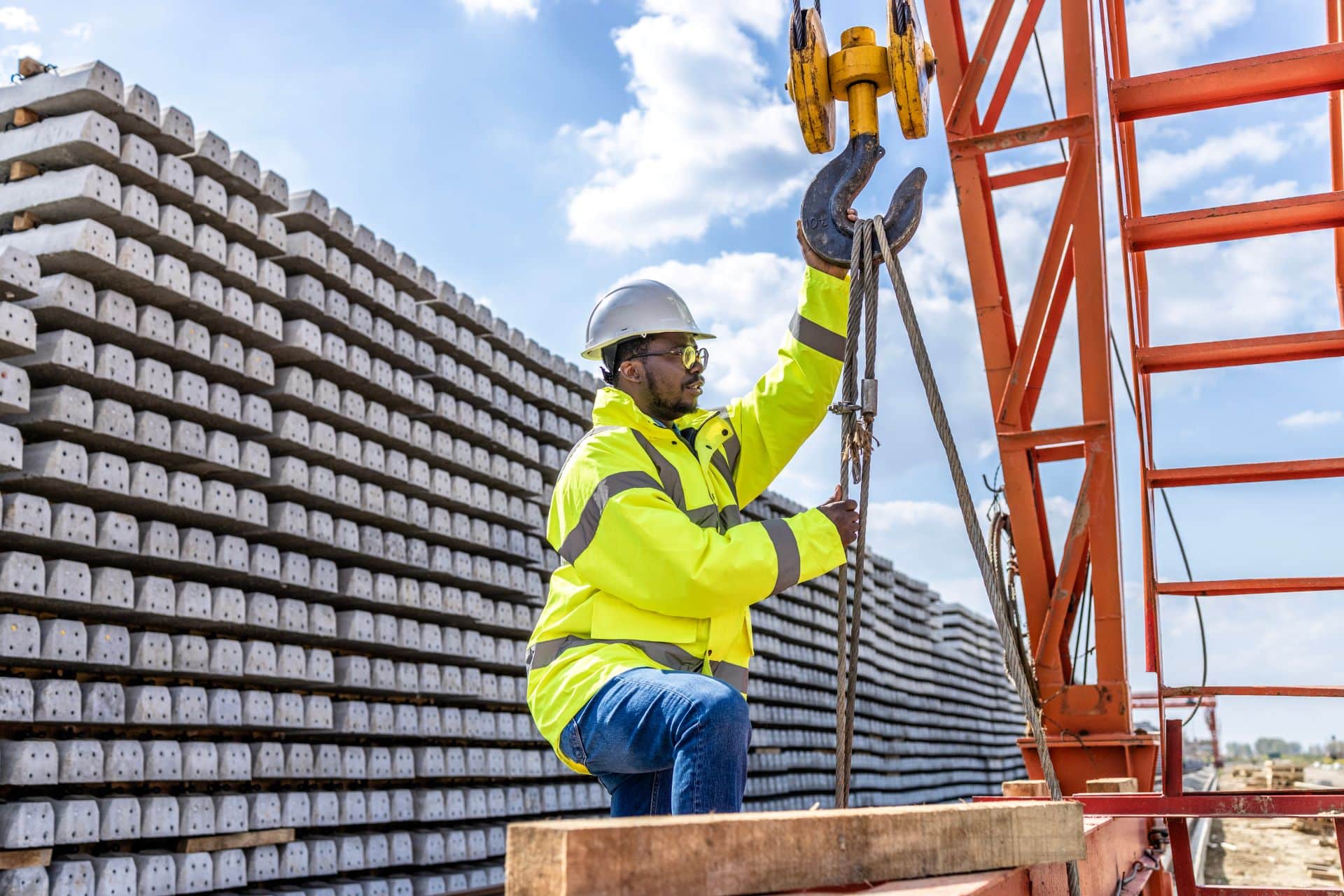 Bauarbeiter befestigt Elektroseilwinde auf Baustelle