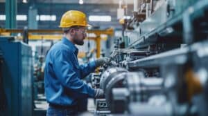 Arbeiter wartet flexible Schläuche an Produktionslinie