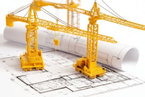Modellbaustellenkran auf ausgerolltem technischen Bauplan – symbolisiert Planung, Organisation und Bauvorbereitung.
