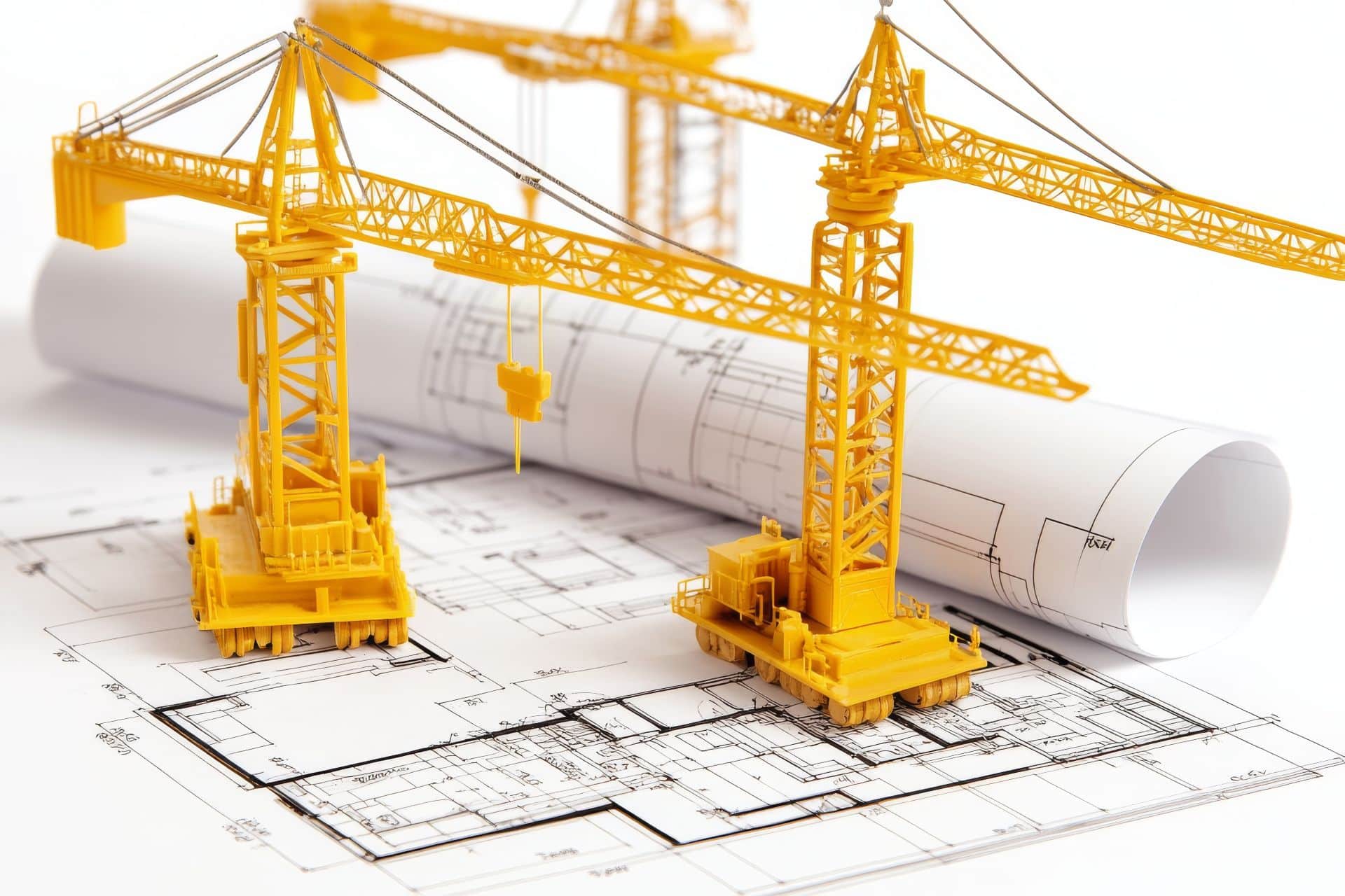 Modellbaustellenkran auf ausgerolltem technischen Bauplan – symbolisiert Planung, Organisation und Bauvorbereitung.