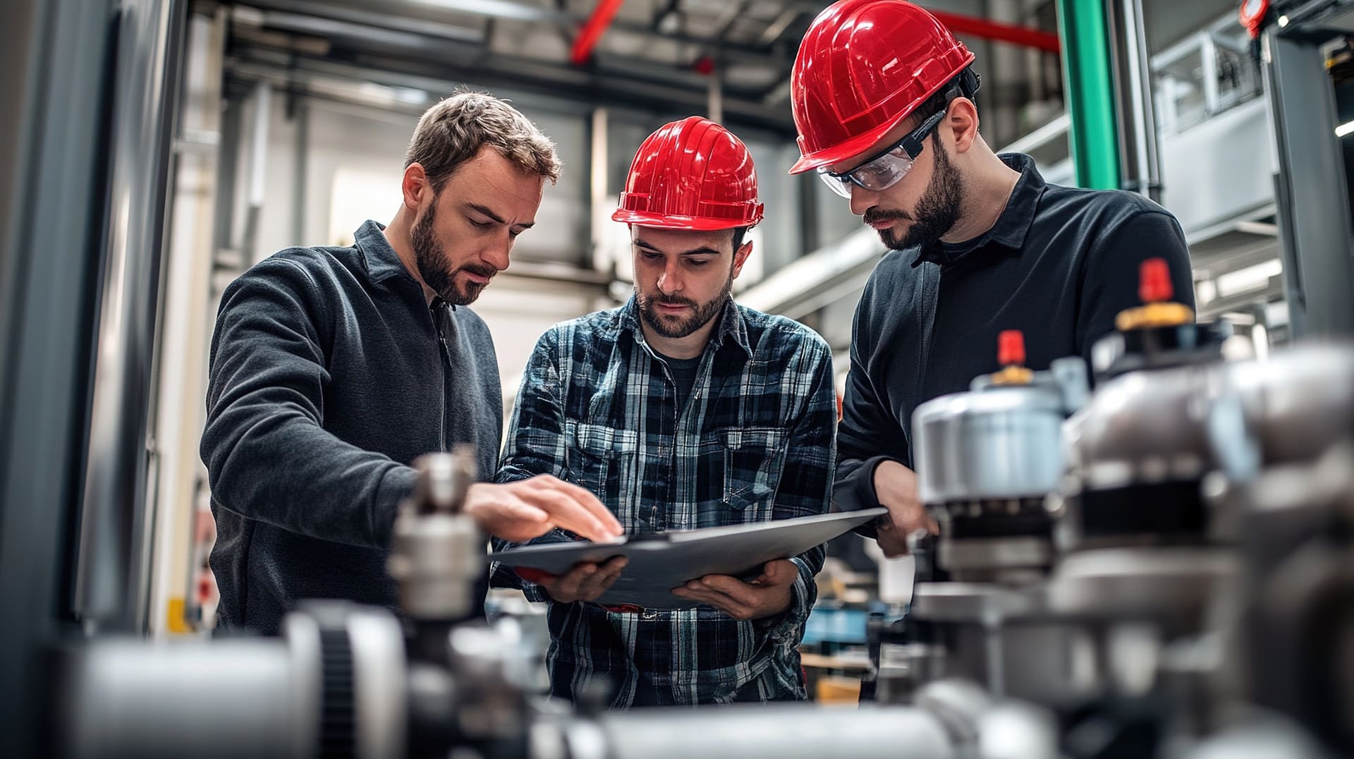 Drei Fachkräfte bei der technischen Gebäudeprüfung | Büroreinigung Düsseldorf